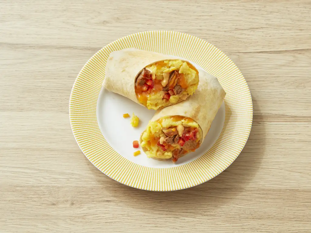 Pulled Pork Breakfast Wrap with Scrambled Eggs and Spicy Mayo